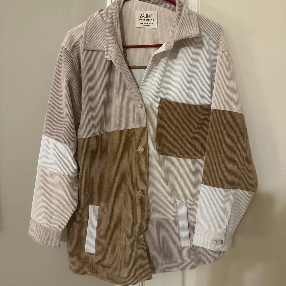 Color block Corduroy Jacket/Shacket in Pale Pink, Cream, Taupe, and Brown. - Picture 1 of 6